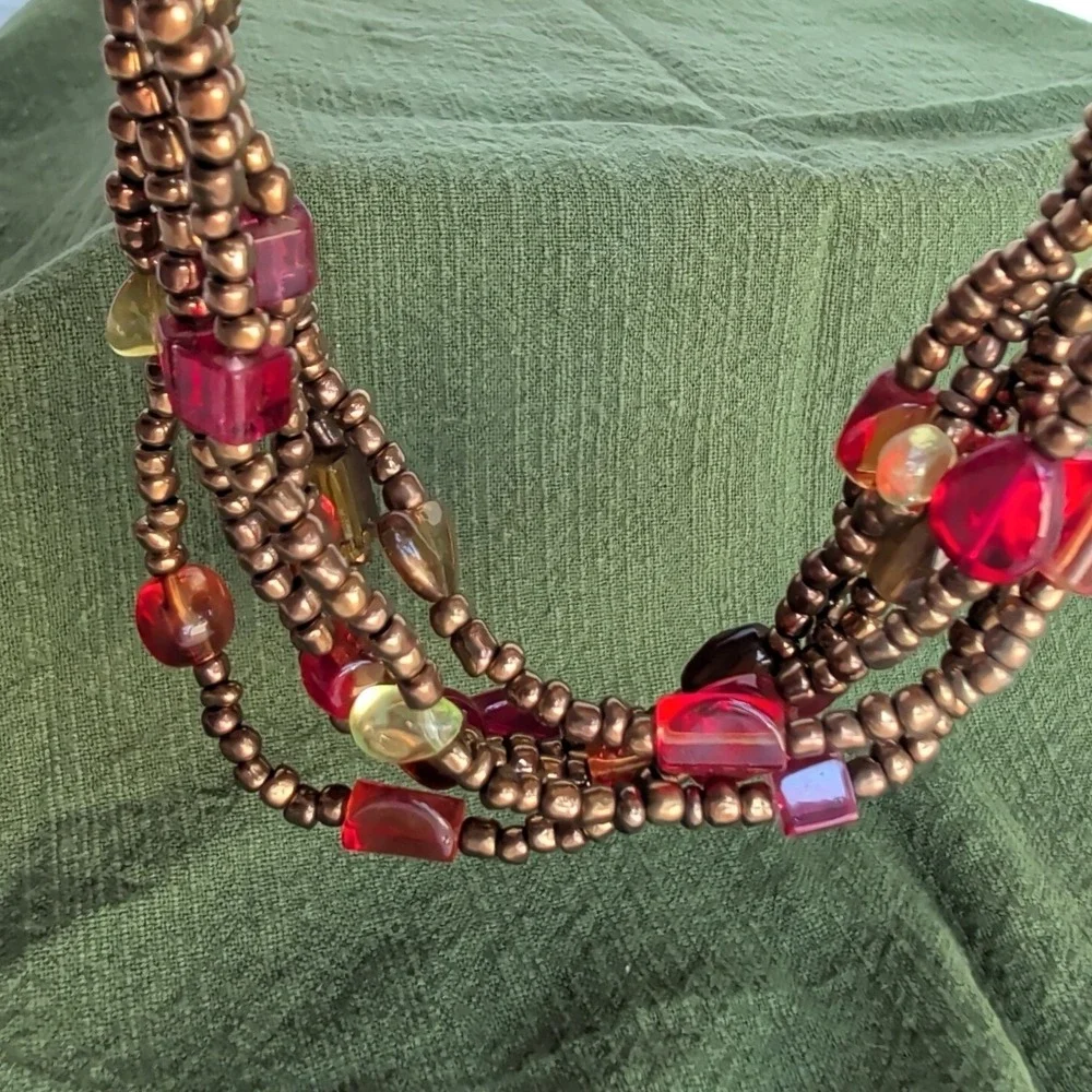 Art Glass Multi Strand Beaded Necklace Brass Tone 6 Strand Boho 16
